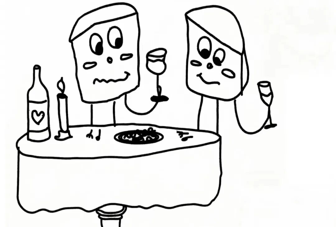 drawing of two characters sharing a candlelit dinner