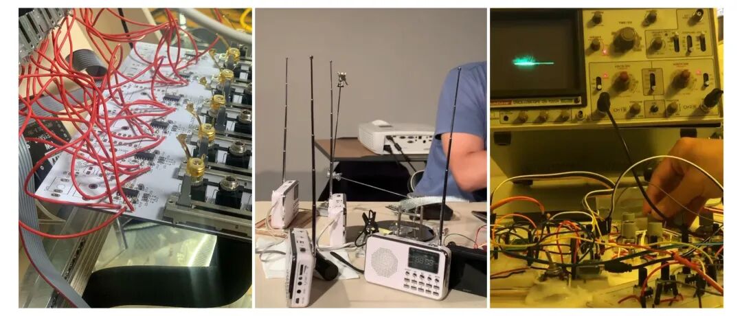 module boards being wired, radios with antennas on a desk, and an oscilloscope trace during testing