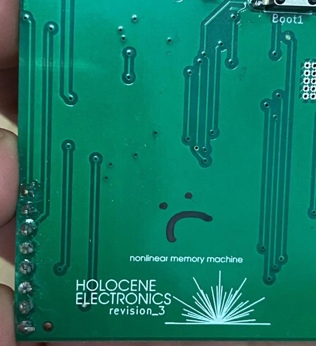 back of the nonlinear memory machine circuit board with a drawn face and the holocene electronics logo
